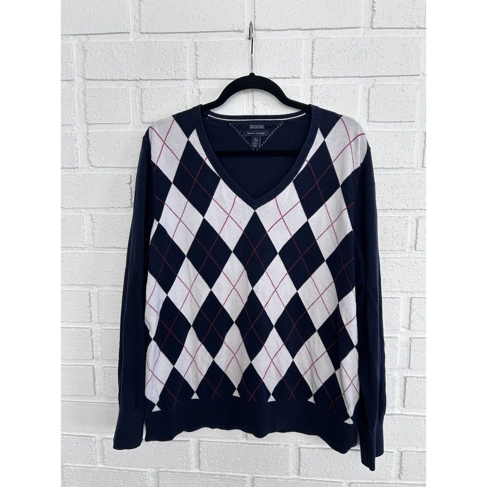 Vintage Tommy Hilfiger Sweater Argyle V Neck Dark Blue Mens XXL 100% Pima Cotton
